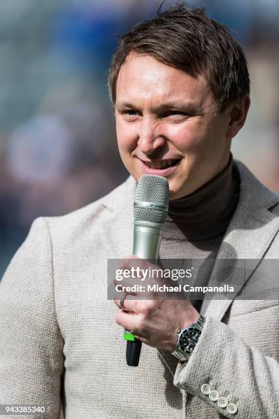 Former Djurgardens IF captain Kim Kallstrom thanks the fans for all their support before an Allsvenskan match between Djurgardens IF and Trelleborgs...