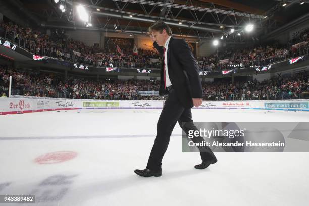 Uwe Krupp, head coach of Eisbaeren reacts after the DEL Playoff semifinal match 6 between Thomas Sabo Ice Tigers Nuernberg and Eisbaeren Berlin at...
