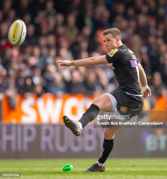 Exeter Chiefs' Joe Simmonds kicks a conversion during the Aviva Premiership match between Exeter Chiefs and Gloucester Rugby at Sandy Park on April...