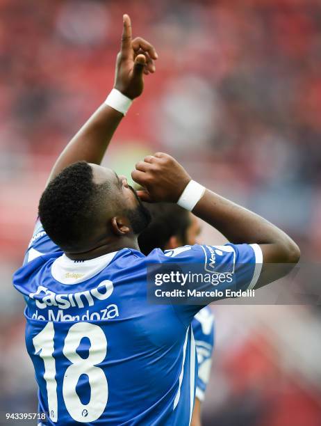 Santiago Garcia of Godoy Cruz celebrates after scoring the fifth goal of his team during a match between San Lorenzo and Godoy Cruz as part of...