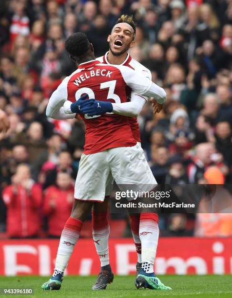 Pierre-Emerick Aubameyang celebrates scoring the 1st Arsenal goal with Danny Welbeck during the Premier League match between Arsenal and Southampton...