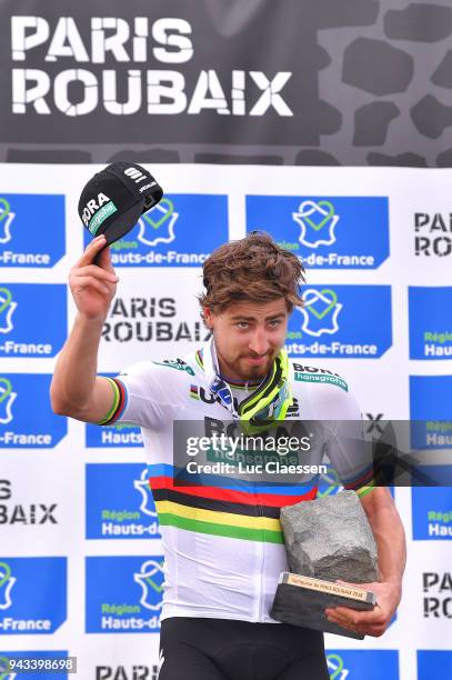 Podium / Peter Sagan of Slowakia and Team Bora-Hansgrohe / Celebration / Trophy / during the 116th Paris - Roubaix 2018 a 257km race from Compiegne...