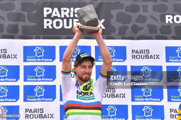 Podium / Peter Sagan of Slowakia and Team Bora-Hansgrohe / Celebration / Trophy / during the 116th Paris - Roubaix 2018 a 257km race from Compiegne...