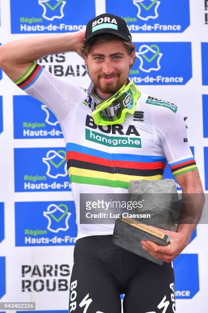 Podium / Peter Sagan of Slowakia and Team Bora-Hansgrohe / Celebration / Trophy / during the 116th Paris - Roubaix 2018 a 257km race from Compiegne...