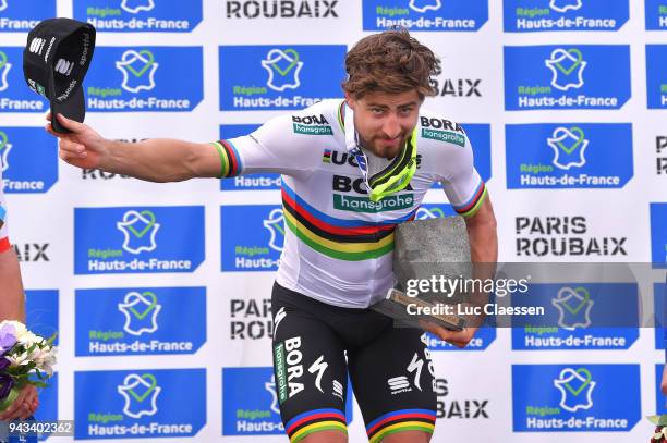 Podium / Peter Sagan of Slowakia and Team Bora-Hansgrohe / Celebration / Trophy / during the 116th Paris - Roubaix 2018 a 257km race from Compiegne...