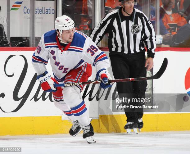 Matt Beleskey of the New York Rangers skates against the Philadelphia Flyers at the Wells Fargo Center on April 7, 2018 in Philadelphia,...