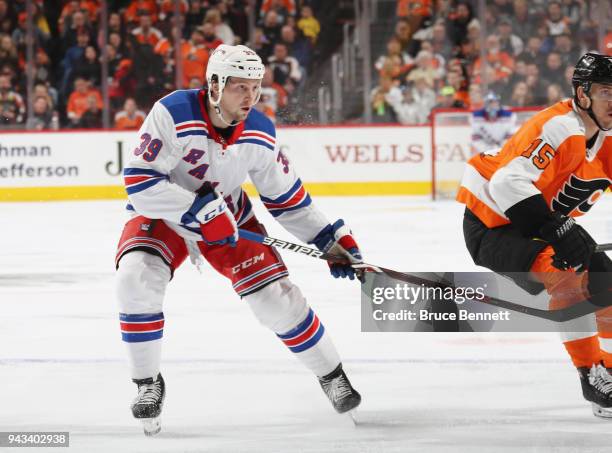 Matt Beleskey of the New York Rangers skates against the Philadelphia Flyers at the Wells Fargo Center on April 7, 2018 in Philadelphia,...