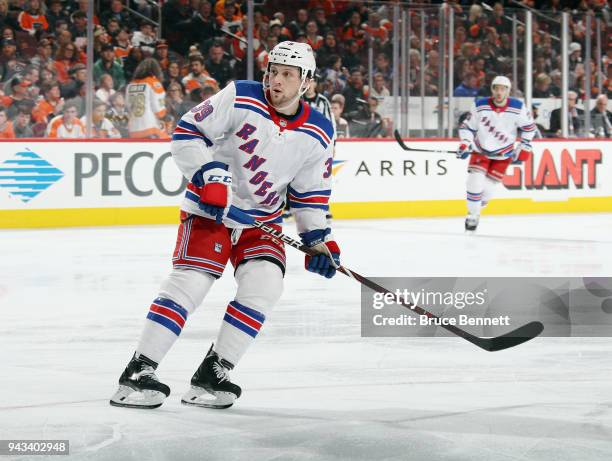 Matt Beleskey of the New York Rangers skates against the Philadelphia Flyers at the Wells Fargo Center on April 7, 2018 in Philadelphia,...