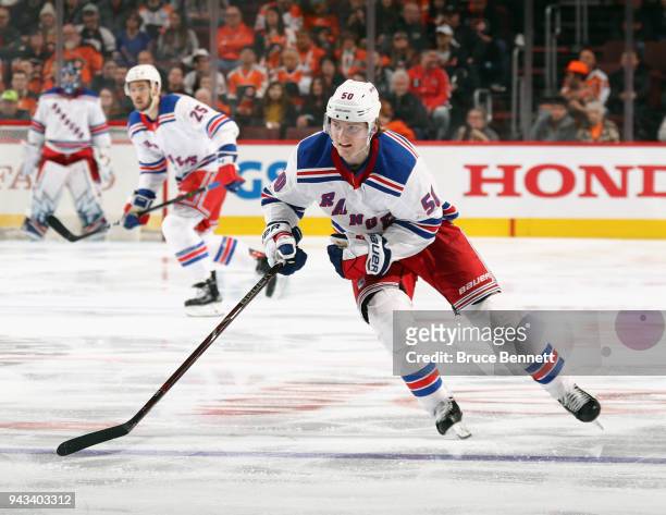 Lias Andersson of the New York Rangers skates against the Philadelphia Flyers at the Wells Fargo Center on April 7, 2018 in Philadelphia,...