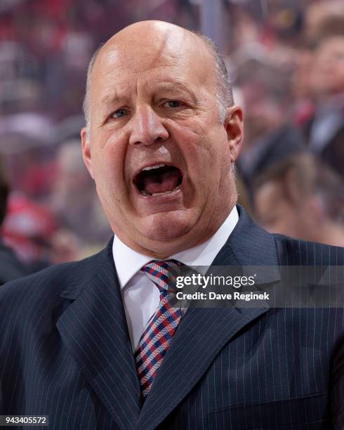 Head coach Claude Julien of the Montreal Canadiens yells at the refs during an NHL game against the Detroit Red Wings at Little Caesars Arena on...