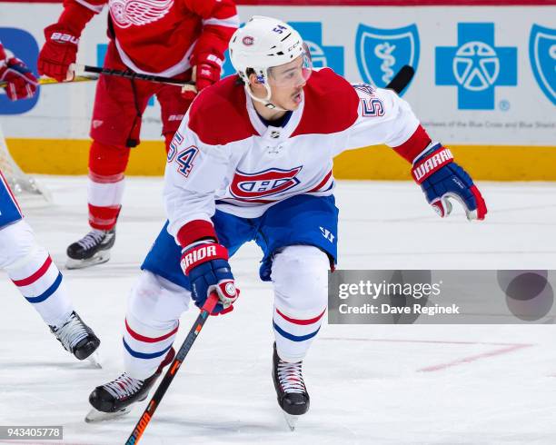 Charles Hudon of the Montreal Canadiens follows the play against the Detroit Red Wings during an NHL game at Little Caesars Arena on April 5, 2018 in...