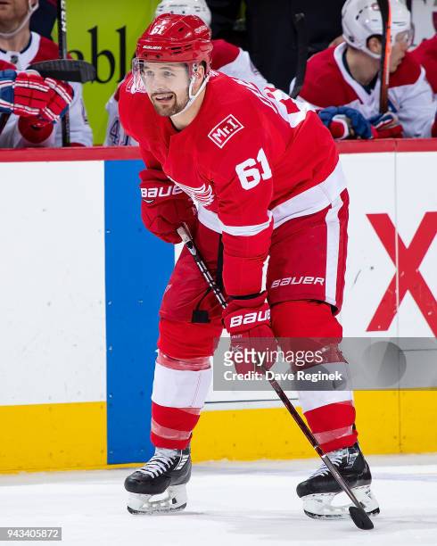 Xavier Ouellet of the Detroit Red Wings gets set for the face-off against the Montreal Canadiens during an NHL game at Little Caesars Arena on April...