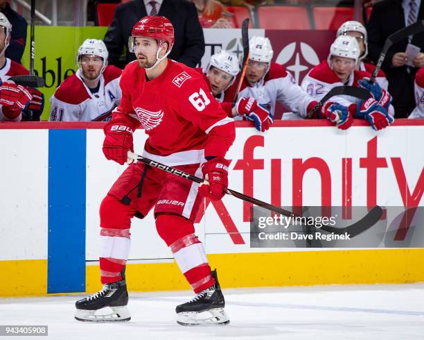 Xavier Ouellet of the Detroit Red Wings follows the play against the Montreal Canadiens during an NHL game at Little Caesars Arena on April 5, 2018...