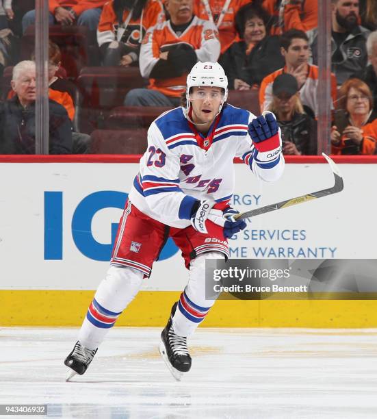 Ryan Spooner of the New York Rangers skates against the Philadelphia Flyers at the Wells Fargo Center on April 7, 2018 in Philadelphia, Pennsylvania....