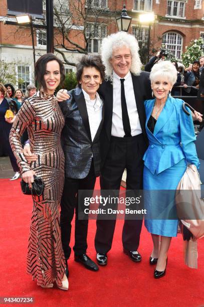 Sally Wood, Ronnie Wood, Brian May and Anita Dobson attend The Olivier Awards with Mastercard at Royal Albert Hall on April 8, 2018 in London,...