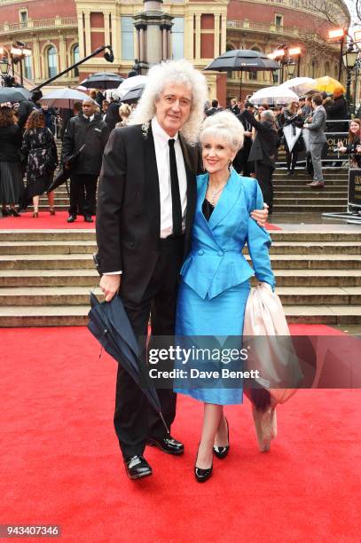 Brian May and Anita Dobson attend The Olivier Awards with Mastercard at Royal Albert Hall on April 8, 2018 in London, England.