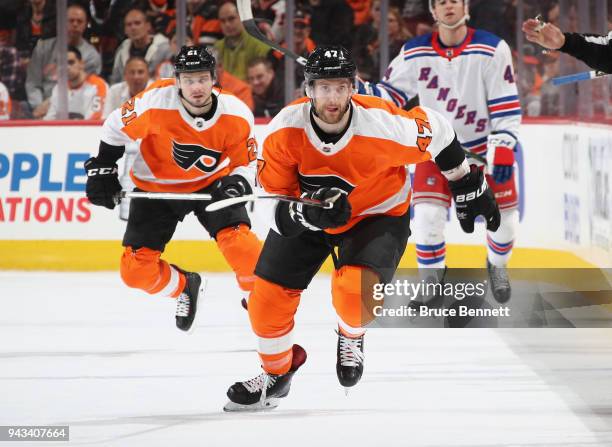 Andrew MacDonald of the Philadelphia Flyers skates against the New York Rangers at the Wells Fargo Center on April 7, 2018 in Philadelphia,...