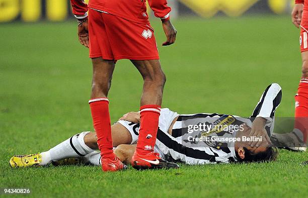 Mauro German Camoranesi of Juventus FC lies on the pitch injured during the Serie A match between AS Bari and Juventus FC at Stadio San Nicola on...