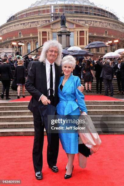 Brian May and Anita Dobson attend The Olivier Awards with Mastercard at Royal Albert Hall on April 8, 2018 in London, England.