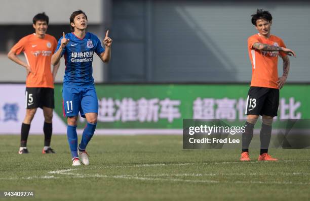 Oscar Romero of Shanghai Shenhua celebrates after scoring a goal during teh 2018 Chinese Super League match between Beijing Renhe and Shanghai...