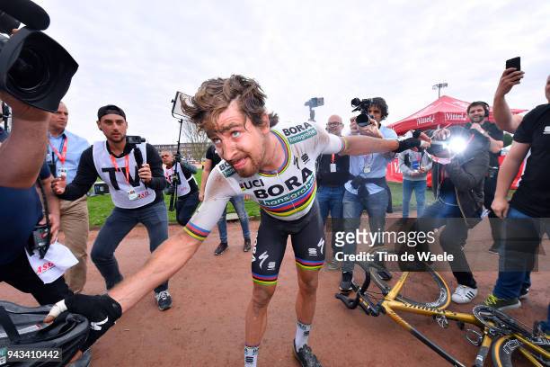 Arrival / Peter Sagan of Slovakia and Team Bora - Hansgrohe / Celebration / during the 116th Paris to Roubaix 2018 a 257km race from Compiegne to...