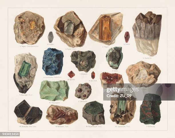 raw gemstones, lithograph, published in 1897 - turquoise gemstone stock illustrations