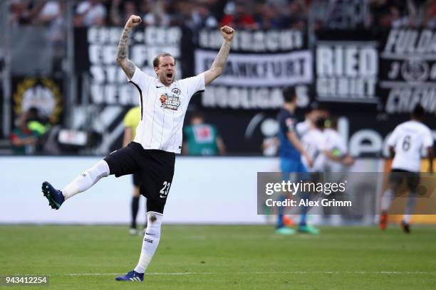Marco Russ of Frankfurt celebrates after team mate Luka Jovic scored his team's first goal during the Bundesliga match between Eintracht Frankfurt...