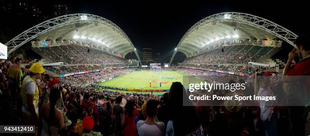 Rugby fans pack the Hong Kong Stadium during the HSBC Hong Kong Rugby Sevens 2018 on April 8, 2018 in Hong Kong, Hong Kong.