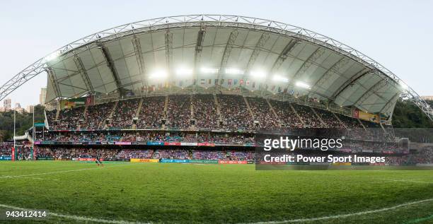 Rugby fans pack the Hong Kong Stadium during the HSBC Hong Kong Rugby Sevens 2018 on April 8, 2018 in Hong Kong, Hong Kong.