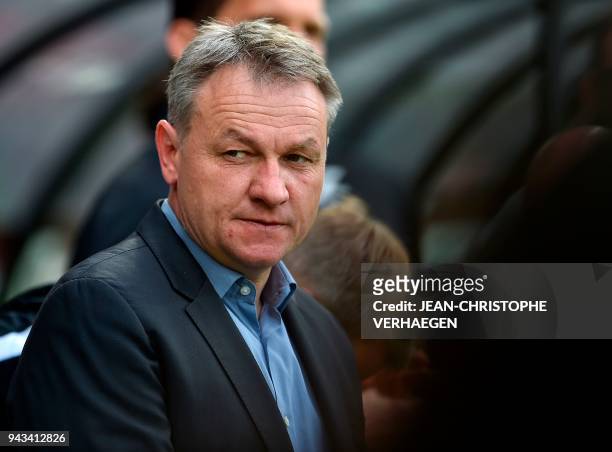 Metz' French head coach Frederic Hantz looks on prior to the French L1 football match between Metz and Lyon on April 8, 2018 at Saint Symphorien...