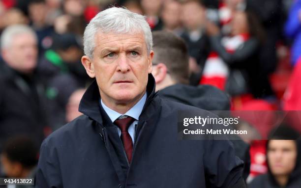 Mark Hughes of Southampton during the Premier League match between Arsenal and Southampton at Emirates Stadium on April 8, 2018 in London, England.