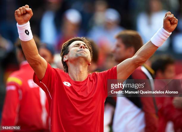 David Ferrer of Spain celebrates after defeating Philipp Kohlschreiber of Germany during day three of the Davis Cup World Group Quarter Final match...
