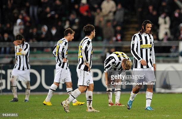 Juventus FC players react after the goal scored by Sergio Almiron of AS Bari during the Serie A match between AS Bari and Juventus FC at Stadio San...