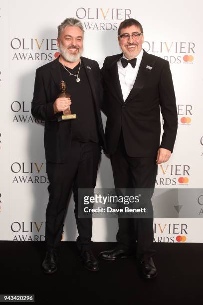 Jez Butterworth, winner of the Best New Play award for "The Ferryman", and Alfred Molina poses in the press room during The Olivier Awards with...