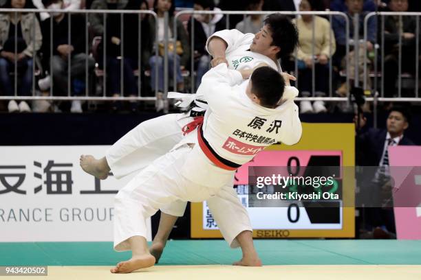 Hisayoshi Harasawa competes against Kokoro Kageura in the Men's +100kg semifinal match on day two of the All Japan Judo Championships by Weight...