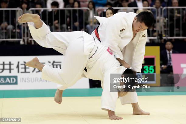 Hisayoshi Harasawa competes against Kokoro Kageura in the Men's +100kg semifinal match on day two of the All Japan Judo Championships by Weight...