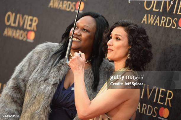 Jennifer Joseph and Indira Varma attend The Olivier Awards with Mastercard at Royal Albert Hall on April 8, 2018 in London, England.