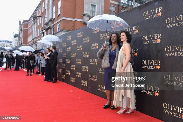 Jennifer Joseph and Indira Varma attend The Olivier Awards with Mastercard at Royal Albert Hall on April 8, 2018 in London, England.