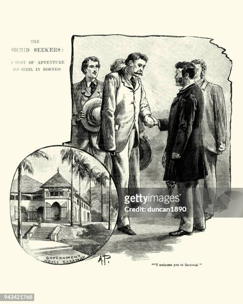 victorian british explorers being welcomed at governement house sarawak, borneo - sarawak borneo stock illustrations