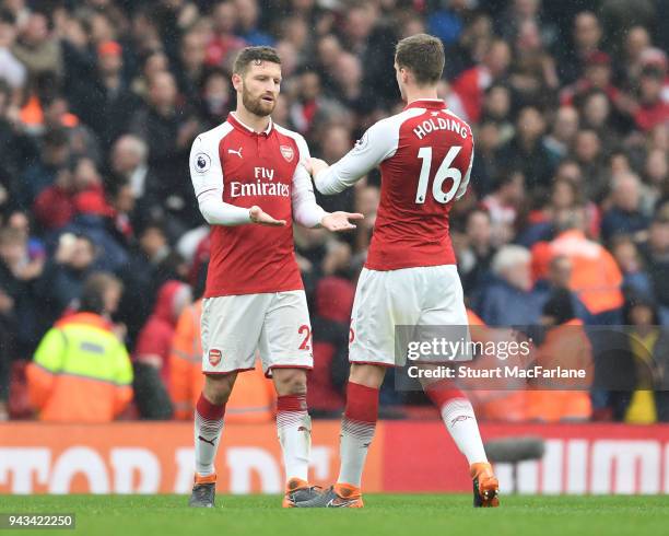 Shkodran Mustafi and Rob Holding of Arsenal after the Premier League match between Arsenal and Southampton at Emirates Stadium on April 8, 2018 in...