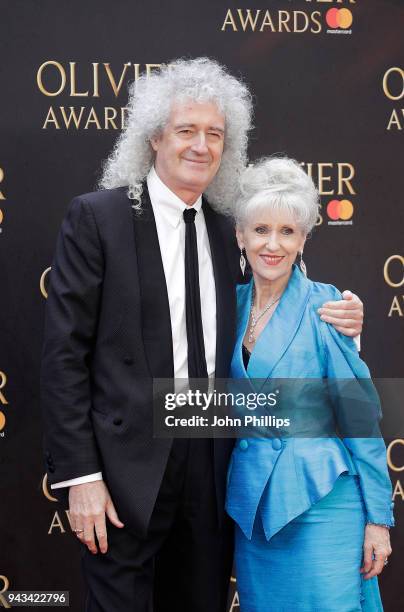 Brian May and Anita Dobson attend The Olivier Awards with Mastercard at Royal Albert Hall on April 8, 2018 in London, England.