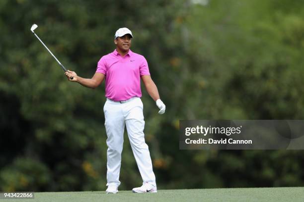 Jhonattan Vegas of Columbia plays his second shot on the fifth hole during the final round of the 2018 Masters Tournament at Augusta National Golf...