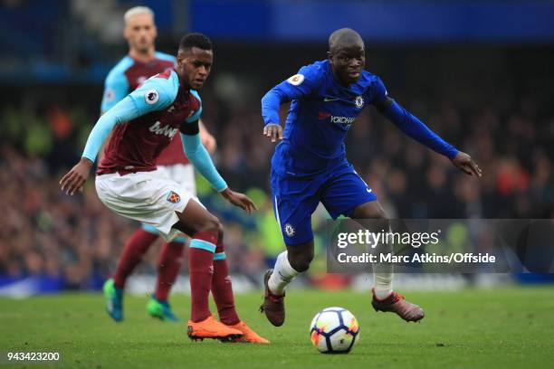 Golo Kante of Chelsea in action with Edimilson Fernandes of West Ham during the Premier League match between Chelsea and West Ham United at Stamford...