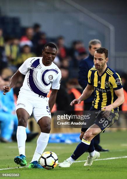 Roberto Soldado of Fenerbahce in action against Aminu Umar of Osmanlispor during the Turkish Super Lig football match between Fenerbahce and...