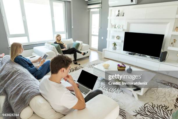 broers en zussen samen - familie laptop stockfoto's en -beelden