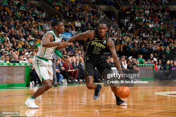 Taurean Prince of the Atlanta Hawks handles the ball against the Boston Celtics on April 8, 2018 at the TD Garden in Boston, Massachusetts. NOTE TO...