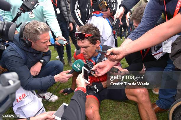 Arrival / Greg Van Avermaet of Belgium and BMC Racing Team / Disappointment / Interiview / Press / during the 116th Paris to Roubaix 2018 a 257km...