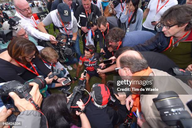 Arrival / Greg Van Avermaet of Belgium and BMC Racing Team / Disappointment / Interiview / Press / during the 116th Paris to Roubaix 2018 a 257km...