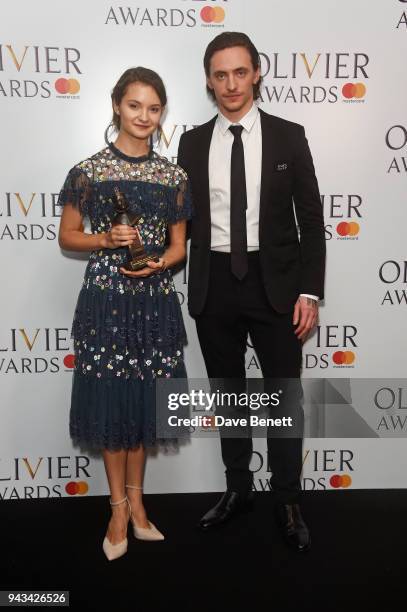 Francesca Velicu, winner of the Outstanding Achievement In Dance award, and Sergei Polunin pose in the press room during The Olivier Awards with...