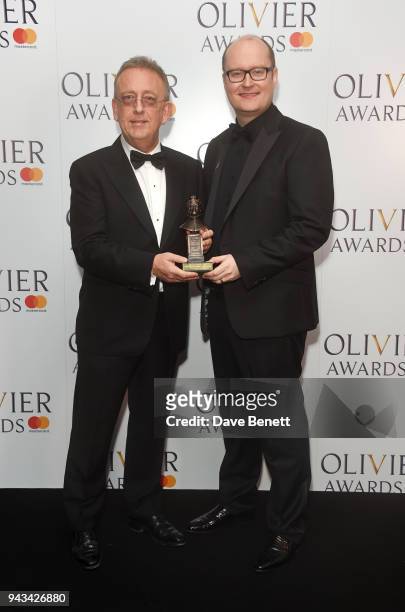 Michael Harris and Nick Thomas, winners of the Best Entertainment and Family award for "Dick Whittington, pose in the press room during The Olivier...